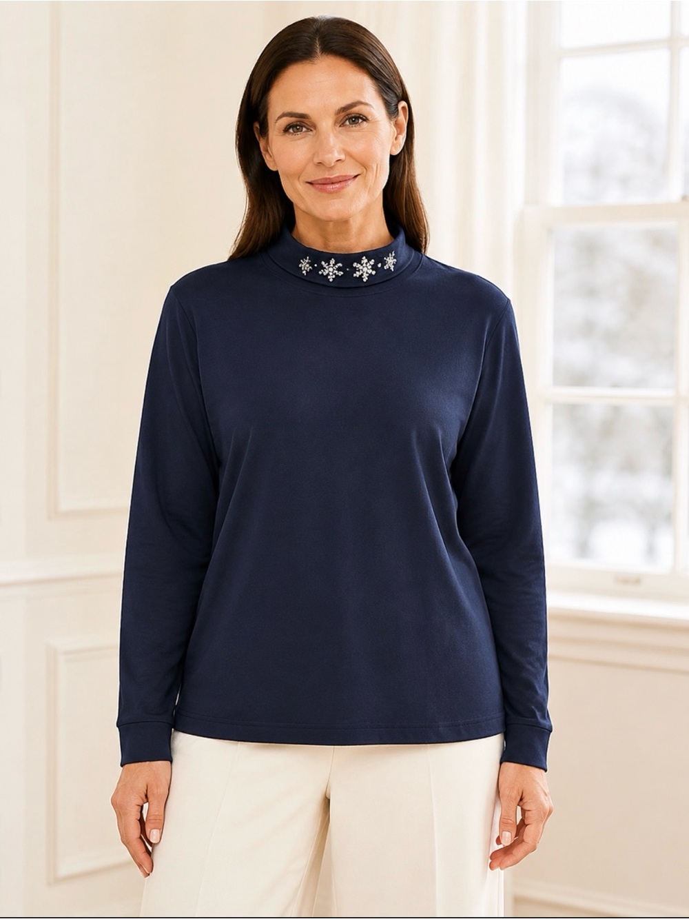 Basic Editions Navy Snowflake Mock Neck Long Sleeve Top Large Winter